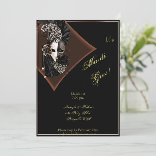 黒エレガント銅マルディグラのマスクパーティー 招待状 (スタンド正面)