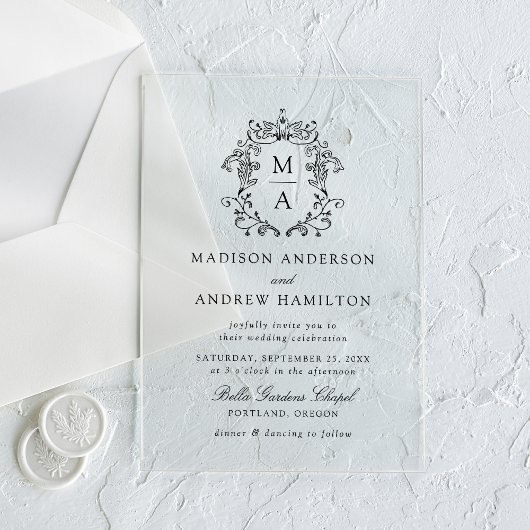 黒エレガント陳腐ビクトリアンフローラ結婚ズ アクリル招待状