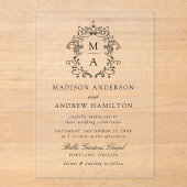 黒エレガント陳腐ビクトリアンフローラ結婚ズ アクリル招待状 (正面)