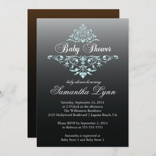 黒エレガント青ベビーグラデーションシャワー招待状 招待状 (正面/裏面)