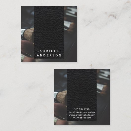 黒エレガント革 |メイクアップブラシ スクエア名刺 (正面/裏面)