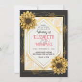 黒エレガント黄ひま結婚わり金ゴールド枠 招待状 (正面)