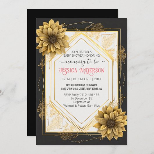 黒エレガント黄ベビーシャワーひまわりフレーム 招待状 (正面/裏面)