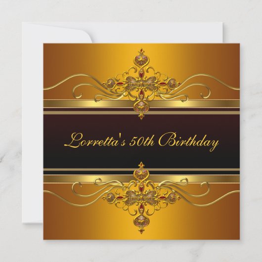 黒エレガント黄金ゴールド宝石50誕生日 招待状 (正面)