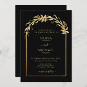 黒エレガント黄金結婚の葉 招待状 (正面/裏面)