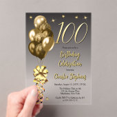 黒エレガント100誕生日パーティーの金ゴールドバルーン アクリル招待状 (インサイチュ (ポータブル))
