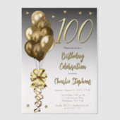 黒エレガント100誕生日パーティーの金ゴールドバルーン ベラム紙招待状 (正面)