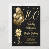 黒エレガント100誕生日パーティーの金ゴールドバルーン 招待状 (正面)