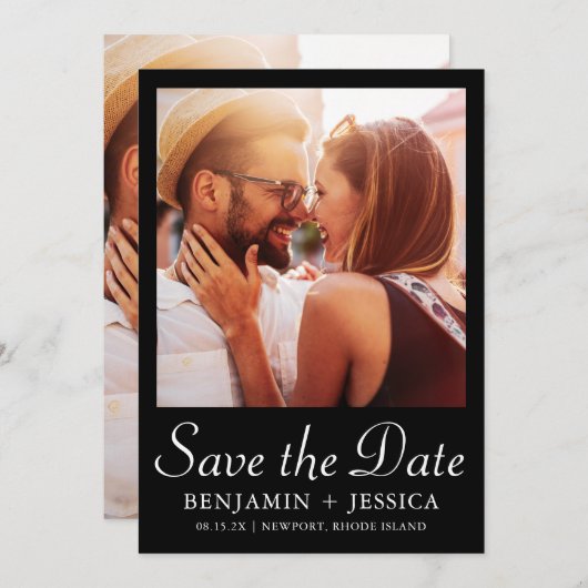 黒エレガント2写真結婚式の日付を保存 (正面/裏面)