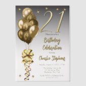 黒エレガント21歳の誕生日パーティーの金ゴールドバルーン ベラム紙招待状 (正面)