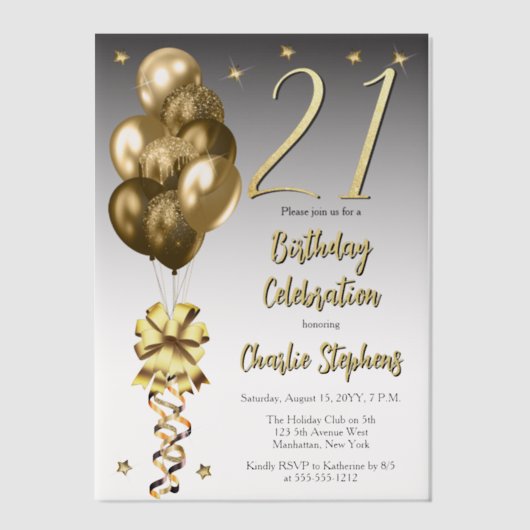 黒エレガント21歳の誕生日パーティーの金ゴールドバルーン ベラム紙招待状 (正面)