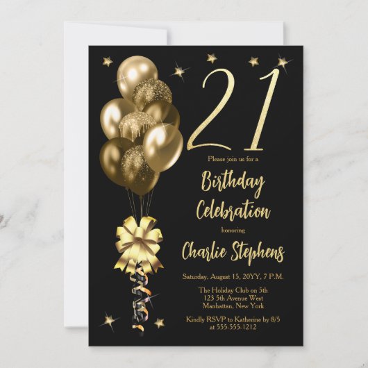 黒エレガント21歳の誕生日パーティーの金ゴールドバルーン 招待状 (正面)