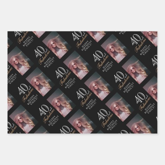 黒エレガント40歳と素敵な40歳の誕生日の写真 ラッピングペーパーシート (正面3)