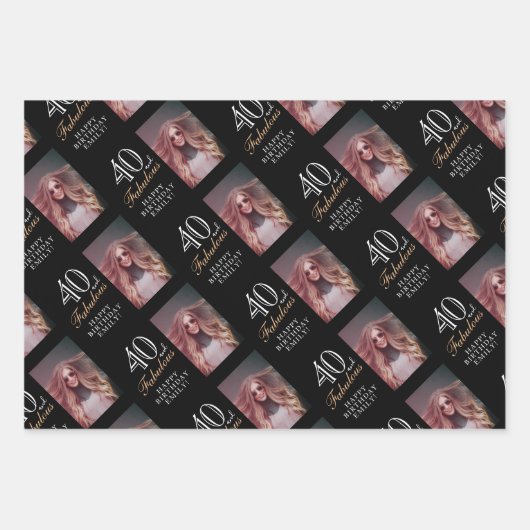黒エレガント40歳と素敵な40歳の誕生日の写真 ラッピングペーパーシート (正面)