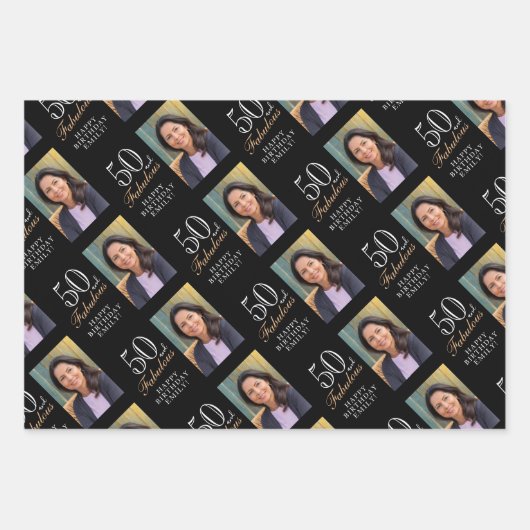 黒エレガント50と素晴らしい50番目の誕生日写真 ラッピングペーパーシート (正面3)