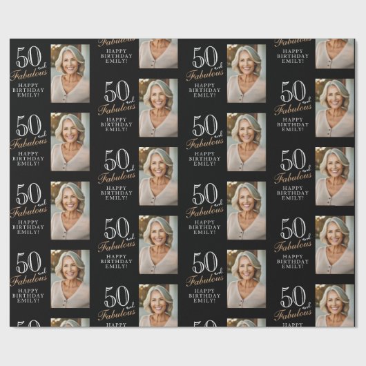 黒エレガント50と素晴らしい50番目の誕生日写真 ラッピングペーパー (フラット)