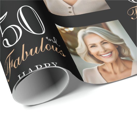 黒エレガント50と素晴らしい50番目の誕生日写真 ラッピングペーパー (ロールコーナー)