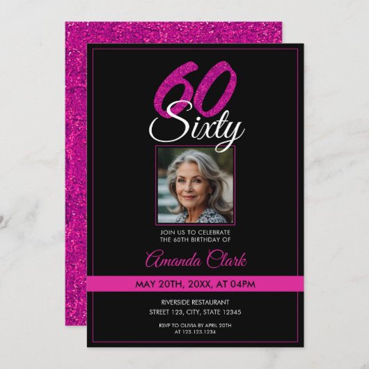 黒エレガント&ピンクグリッター写真60誕生日 招待状 (正面/裏面)