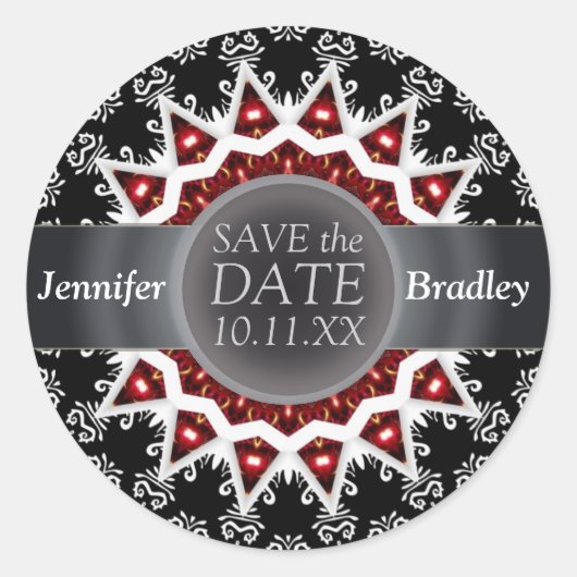 黒エレガント/白の星炎の日付スティックを保存 ラウンドシール (正面)