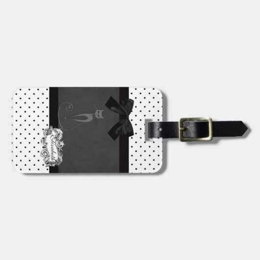 黒エレガント、白の水玉模様 – 黒の弓、猫 ラゲッジタグ (正面横)
