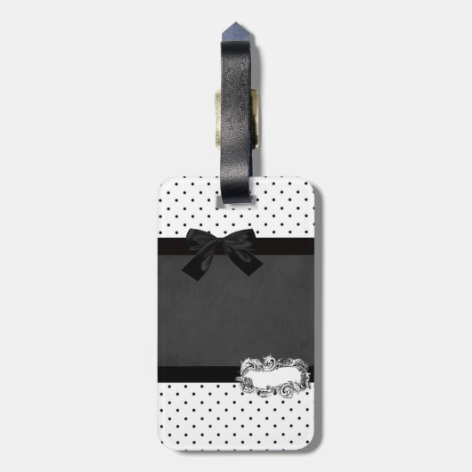 黒エレガント、白の水玉模様 – 黒の弓、猫 ラゲッジタグ (裏面縦)