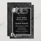 黒エレガント/白の甘い16マスカレードパーティー 招待状 (正面/裏面)