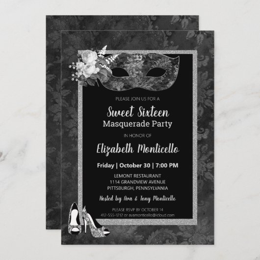 黒エレガント/白の甘い16マスカレードパーティー 招待状 (正面/裏面)