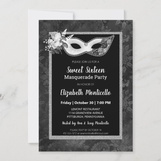 黒エレガント/白の甘い16マスカレードパーティー 招待状 (正面)