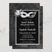 黒エレガント/白の甘い16マスカレードパーティー 招待状 (正面/裏面)