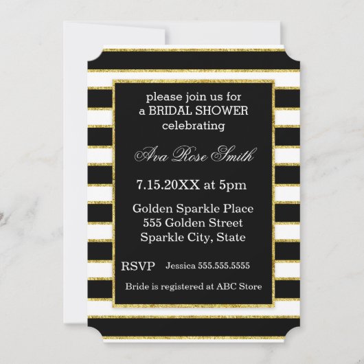 黒エレガント+白ストライプと金ゴールドブライダルシャワー 招待状 (正面)