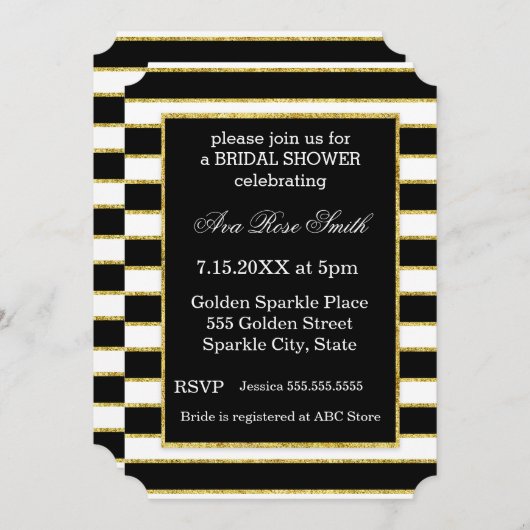 黒エレガント+白ストライプと金ゴールドブライダルシャワー 招待状 (正面/裏面)