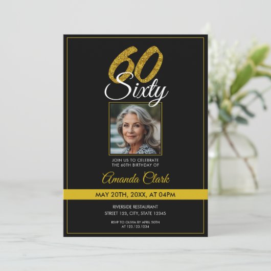 黒エレガント&金ゴールドグリッター写真60誕生日 招待状 (スタンド正面)