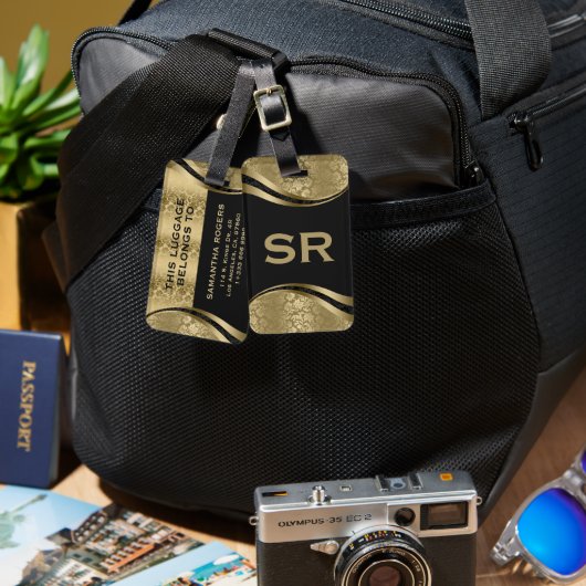 黒エレガント&金ゴールドフローラダマスパターン2 Lugg ラゲッジタグ (正面&裏面)