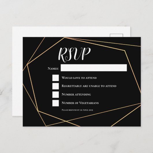 黒エレガント&金ゴールド幾何学的フレーム結婚式RSVP ポストカード (正面/裏面)
