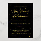 黒エレガント+金ゴールド散乱星新年パーティー 箔招待状 (正面)