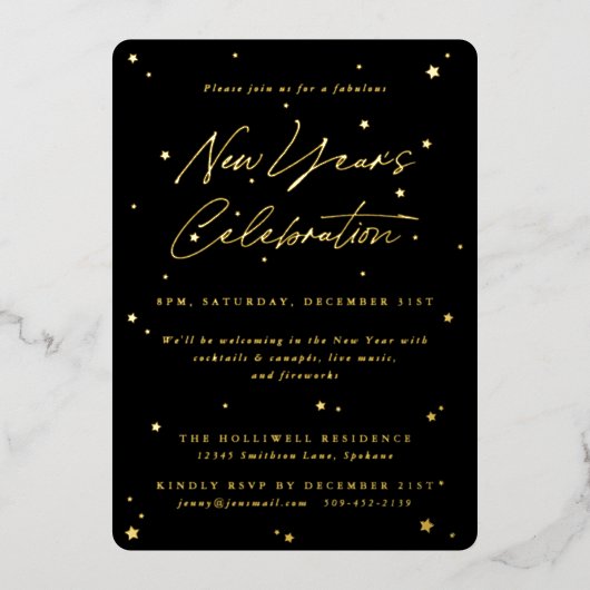 黒エレガント+金ゴールド散乱星新年パーティー 箔招待状 (正面)