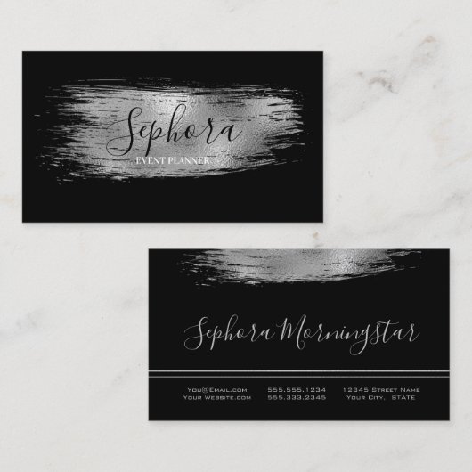 黒エレガント – 銀金属箔ストロ絵を描ック 名刺 (正面/裏面)