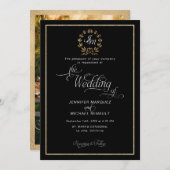 黒エレガントN金ゴールドリースモノグラム結婚写真 招待状 (正面/裏面)