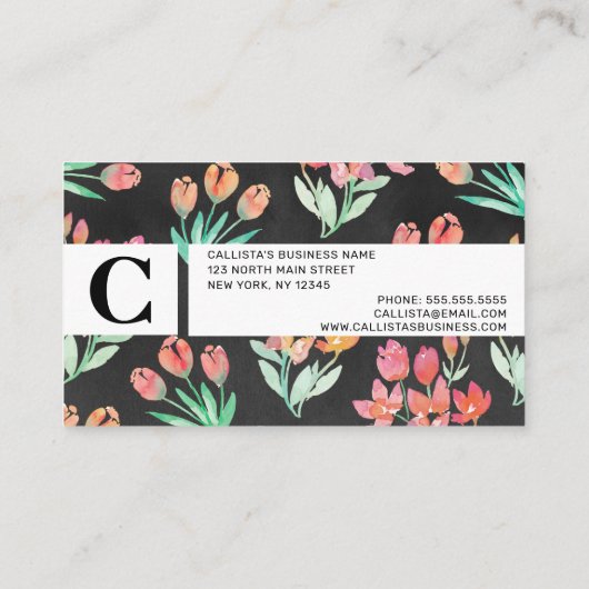 黒オモダンレンジレッドチューリップフローラ水彩 名刺 (裏面)