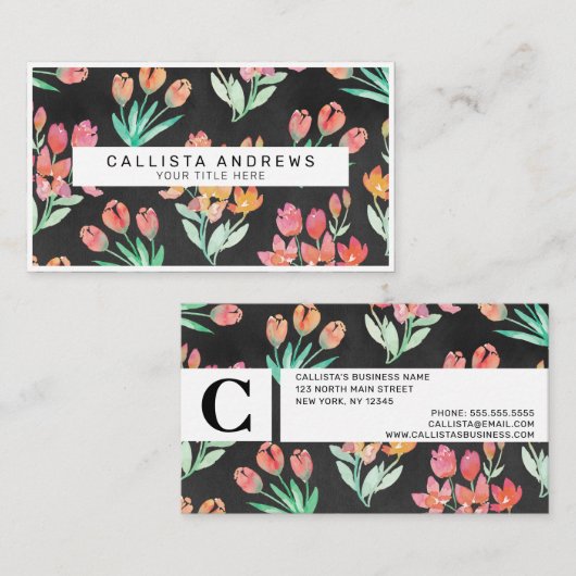 黒オモダンレンジレッドチューリップフローラ水彩 名刺 (正面/裏面)