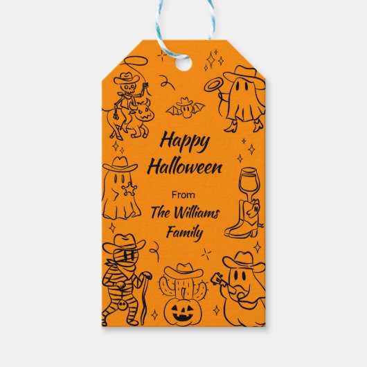 黒オレンジハンドドロー予測できなドードルハロウィーン ギフトタグ (正面)