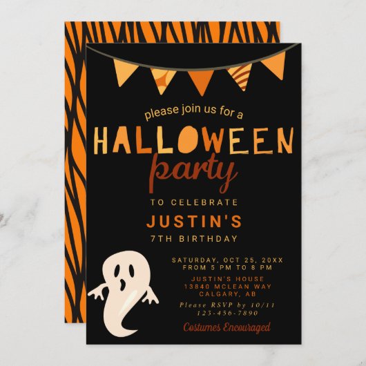 黒オレンジ色のかわいいハロウィーンの誕生日パーティーの子どもたち 招待状 (正面/裏面)