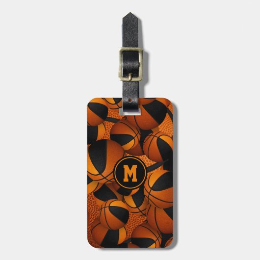 黒オレンジ色のバスケットボールのパターンのチームカラー ラゲッジタグ (正面縦)