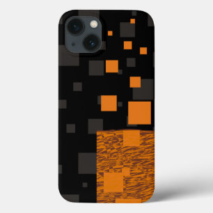 黒オレンジ色の灰色の茶色の正方形の抽象芸術ブロック iPhone 13ケース