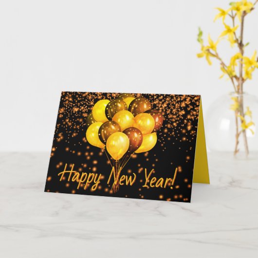 黒オレンジ色の風船が新年を迎パーソナライズされたえる カード (黄色い花)