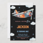 黒オレンジ飛行機の誕生日招待状 招待状 (正面)