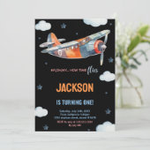 黒オレンジ飛行機の誕生日招待状 招待状 (スタンド正面)