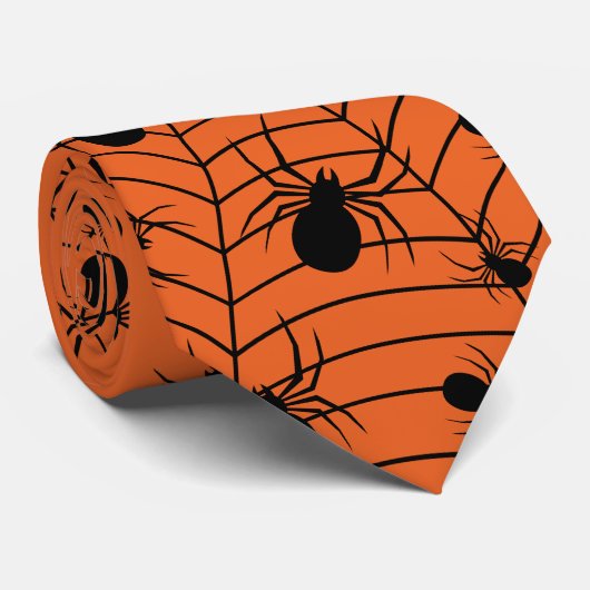 黒オレンジ クモの巣 ハロウィン柄 ネクタイ (ロール)