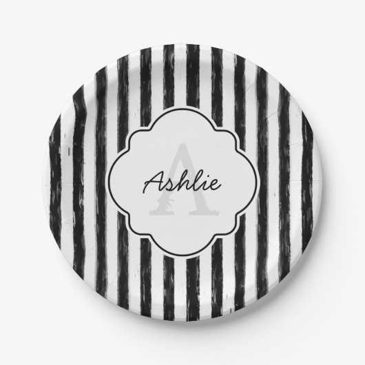 黒カジュアル絵を描ストライプ文字 ペーパープレート (正面)
