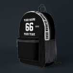 黒カスタムと白の名前、番号、チームスポーツ プリントバックパック<br><div class="desc">名前、番号、カスタムチーム名、スローガンと年と独自のスポーツサッカースタイル印刷バックパックを作成する。このクラシックシンプルをパーソナライズするBackpackテンプレートをカスタム印刷したメッセージ、名前、チーム名、年。スポーツの記念品として簡単にクールカスタマイズする。コーチ、ユニーク男の子の誕生日、サッカー選手、チームメイトや友達のためのギフトを作成する。</div>